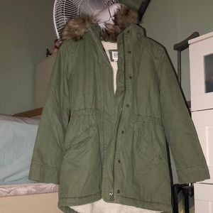 Gap Kids Girls Green Parka Coat Faux Fur Lined Hood